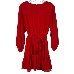 Flying Tomato Bright Red Tiered Long Sleeve Belted Waist Dress XS Chiffon Swing